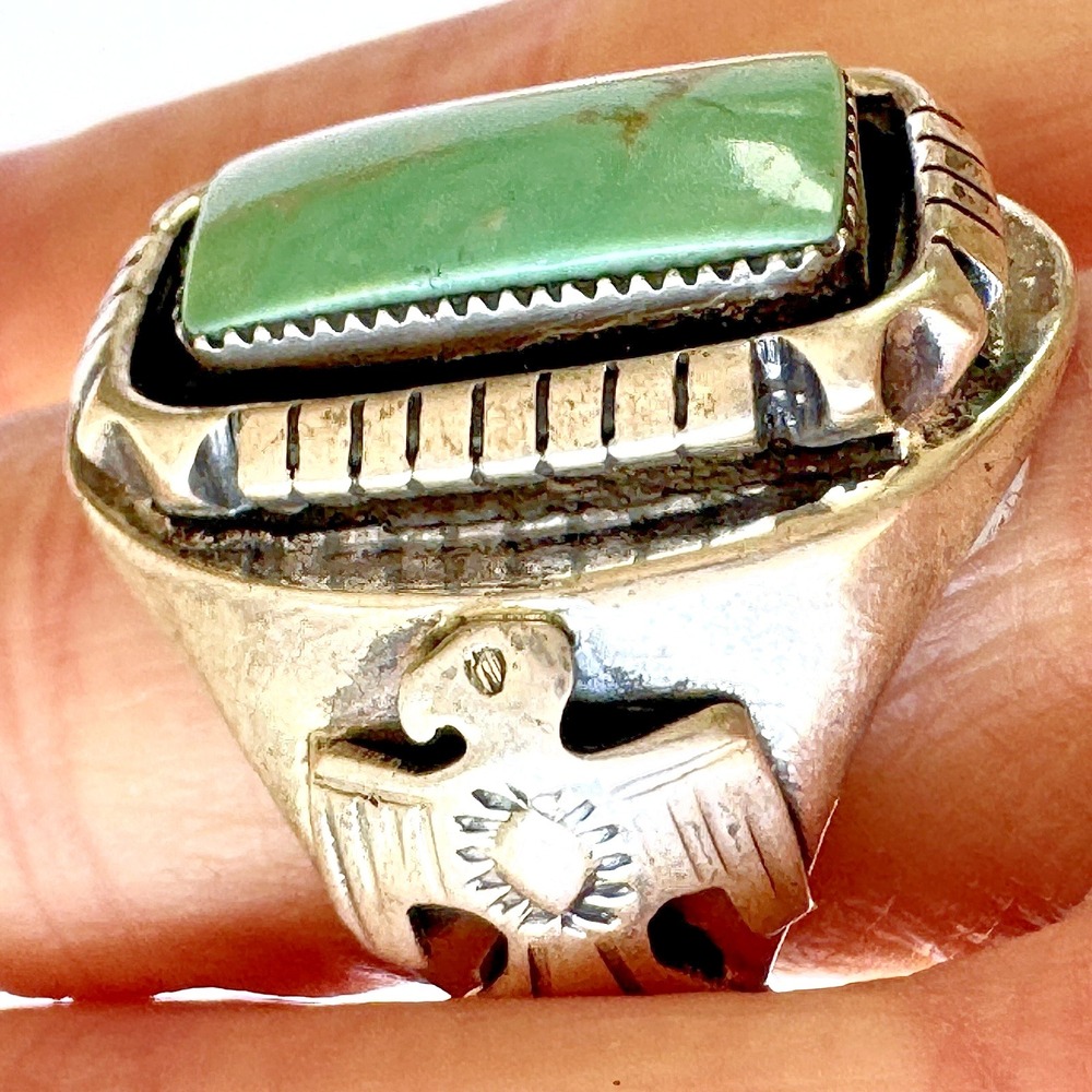 Navajo Thunderbird Turquoise Mens Ring Sz 9.5 Sterling David Lopez Native Amer